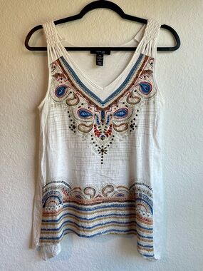 Style & Co. White Tank with Multicolor Paisley & Embellishments